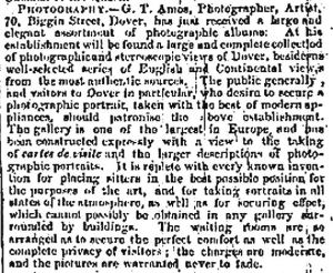 George Amos 70 Biggin Street December 1867 advert stating that his gallery is one of the largest in Europe
