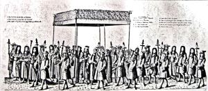 Coronation Canopy being carried by Cinque Ports Barons at the Coronation of Charles I. LS Collection