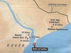 Map showing the Dour estuary c1086 with the location of St Martin-le-Grand, St Mary's & St Peter's Churches, town mills and Iron Age fort on Eastern cliffs. This author's understanding from a talk by Keith Parfitt of Canterbury Archaeological Trust 2016