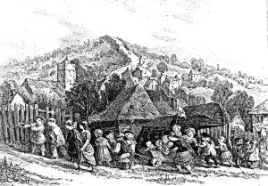 Temple Ewell children climbing the hill to Lousyberry Wood with village and Ewell Minnis in the background c1900. Dover Library