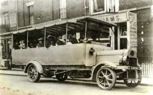 East Kent Road Car Company Leyland bus outside of Woodhams on Castle Street for the Dover - St Margaret's Bay Service c1920. Dover Museum