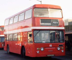 East Kent Bus Company 1969 Daimler Fleetline with Park Royal 72-seat Highbridge body in EKBC poppy red and sporting the NBC logo. Now owned by Phil Drake and Dave Ferguson. Mark Bowerback. 