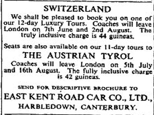 East Kent Road Car Company European coach tours to Switzerland and the Austrian Tyrol advert, 1953. 