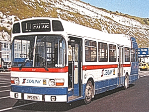 East Kent Bus Company 1972 Leyland National dual door with Leyland body work bought in 1984 and painted in Sealink livery for the Priory Station / Eastern Dock run. Vic Underhill