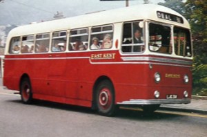 East Kent Road Car 1956 AEC Reliance with 41-seat dual -purpose Weymann body  in Pencester Road awaiting departure to St Margaret's. Vic Underhill