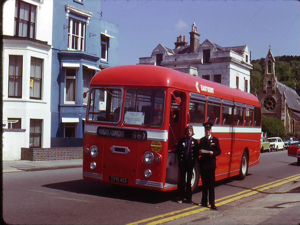East Kent Road Car Company 1960 AEC Reliance with 41 seat Park Royal body on the first day of the Dover-Deal-Margate run 26 May 1974. left, driver Richard Wallace, right inspector Bill Ratcliffe. R Wallace Collection