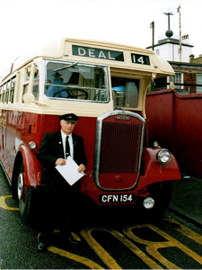 EKRCC Dennis Lancet 3 x 35 seats Park Royal bodywork bought in 1948, withdrawn in 1960, disposed following year. With Inspector John Conway at a Deal vintage show. AJ Conway