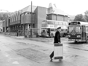 Pencester Road Magistrates Court and East Kent Road car Company2 Bus Yard with, left 72-seater Daimler Fleetline with Leyland body and right 49-seater Leyland National with Eastern Coachworks body. Dover Museum