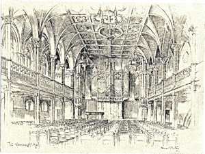 Connaught Hall interior drawing by Howard Gantry. Note the Astley organ at the far end. Dover Library