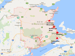 Chatham, Richibucto, Shediac and Petitcodiac clearly shown. Prince Edward Island is off the east coast. New Brunswick Museum Archives from a Google map