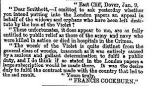 Lieutenant General Sir Francis Cockburn's letter to the press over the Violet disaster. Times 14 January 1857