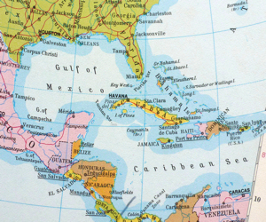 Map of the Gulf of Mexico and the Caribbean Sea showing the location of the Bahamas, Florida, Cuba, Haiti and the Dominion Republic. Parnell's World Atlas 1977