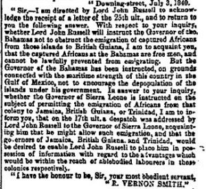 Letter from Robert Vernon Smith on behalf of Home Secretary Lord John Russell on the emigration of former slaves from the Bahamas 3rd July 1840