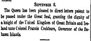 Colonel Francis Cockburn knighted. London Gazette 8 September 1841.