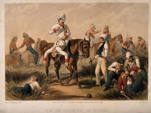 British Ambulancemen and soldiers helping the wounded during the Indian uprising. A. Laby after G.F. Atkinson. Wellcome Images