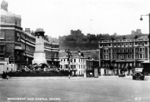 Rifles Monument after it had been turned into a roundabout in 1936. Note the design of the keep left signs. Dover Museum