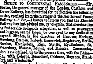 Forbes notice of Continental restrictions due to political reasons. Times 21 June 1866