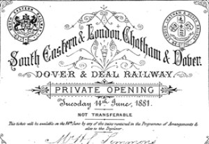 LCDR - SER invitation to the opening of the Dover-Deal Railway 14 June 1881. Dover Museum