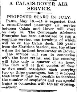 Calais-Dover Air Service. Times 19 May 1928