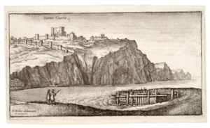 Dover Castle by Wenceslas Hollar (1607-1667). Mote Bulwark is at the foot of what appears to be a cleft below the Castle. wikimedia commons