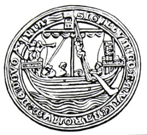 Dover Seal showing a ship with a steerboard on the left side. Dover Library