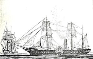 Early steamship and a fully rigged sailing ship of early 19th century. Frank E Dobson 