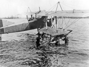 Seaplane being prepared for attack. Note the new RAF logo on the wing. Dover Museum