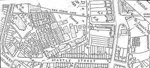 Map (c1900) of the Stembrook area, showing the tanyard site, Castle Street, Caroline Place and Dieu Stone Lane. The eastern area of the site is the part Dover Corporation purchased using a Compulsory Order.