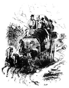 19th century stagecoach drawn by Phiz for the novel David Copperfield by Charles Dickens. Wikimedia