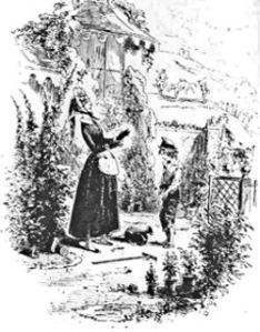 Betsey Trotwood outside her cottage on Western Heights on David's arrival. Etching by Phiz for David Copperfield 1849. Wikimedia