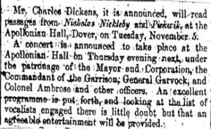 Charles Dickens advert that he is to speak at the Apollonian Hall Snargate Street. Dover Express 10.10.1861