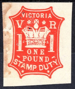 Victorian £1 stamp duty paid endorsement 1879. Wikimedia