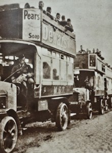 WWI - London Buses taking fresh troops from Calais to the Front Line 1914. Eveline Larder