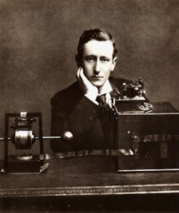 Guglielmo Marconi publicity photograph in front of his early radio apparatus. Smithsonian Institute Libraries Wikimedia
