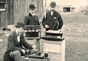 Post Office engineers inspecting Marconi apparatus for the Cardiff - Flat Holm experiment in May 1897. Wikimedia