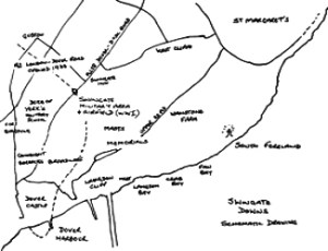 Swingate Down Map inc Military area. WWI Airfield, Masts, Memorials, Fort Burgoyne, South Foreland & St Margarets LS