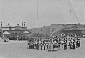 Guards band playing at Archcliffe Fort c1905. The wireless mast behind is the Spioen Kop Coastguard wireless station in the Citadel. Dover Museum