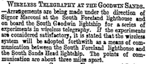 Marconi experiments from South Foreland to Goodwin lightships 09.01.1899