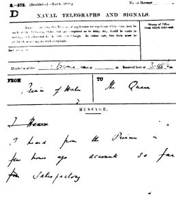 Message sent from Prince Edward on the Royal Yacht to Queen Victoria at Osborne House, Isle of Wight, using the Marconi system August 1898. Osborne House