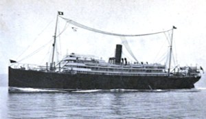 Steamship equipped with wireless T antenna pre WWI. Charles R. Gibson Wikimedia