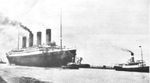 Titanic being towed out on her maiden voyage from Southampton 10.04.1912. Evelyn Robinson Collection