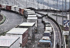 Operation Stack - the holding of lorries in one of the M20 or A20 lanes - this one is on the A20. Dover Mercury 04.03.2010