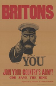 Alfred Leete WWI recruitment poster - Kitchener pointing and the caption ‘Britons Wants You'. Eybl, Plakatmuseum Wien. Wikimedia