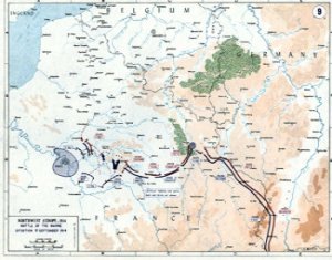 WWI - Belgium, France and Germany showing the situation at the Battle of Marne 5-9 September 1914. Westpoint Military Academy Museum