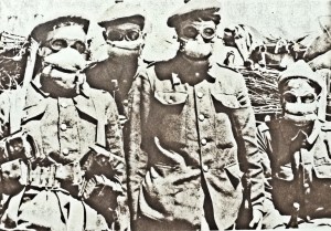 22 April 1915 - at Ypres the Germans introduced Chlorine Gas attacks. Improvised gas-masks were made out of cottonwool soaked in washing soda. Tom Robinson collection