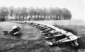 Albatros D.Vs of Jagdstaffeln (Jasta) 12 lined up at Roucourt (Douai) airfield, August-September 1917, in a similar way to those seen by the pilots of No. 54 Squadron near Arras in March. Imperial War Museum