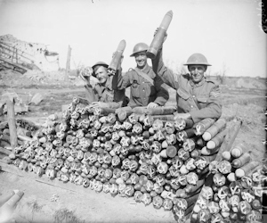 Battle of Passchendaele - Three Canadian gunners and a dump of 18 pounder shells. 21 09 1917. John Brooke IWM
