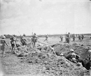 British infantry moving across trenches on the first day of the Battle of Arras, 9 April 1917. John W Brooke Imperial War Museum