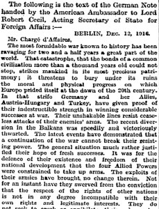 German Peace Proposal, 12 December 1916 published in the Times