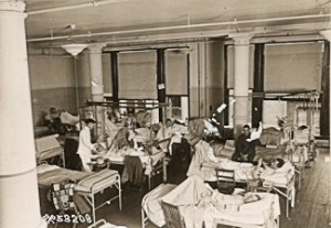 Wounded men on one of the wards at Debarkation Hospital No 3. United States National Archives